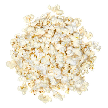 Popcorns pile or heap from above or top view isolated on white background