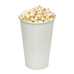 Popcorn in striped paper or carton bucket isolated on white background