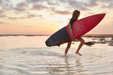 Shot of experienced surf trainer carries surfboard, rides waves on ocean, goes on shore from water, prepares for contest, demonstrates her abilities, shows duck dive or lay back, beautiful landscape