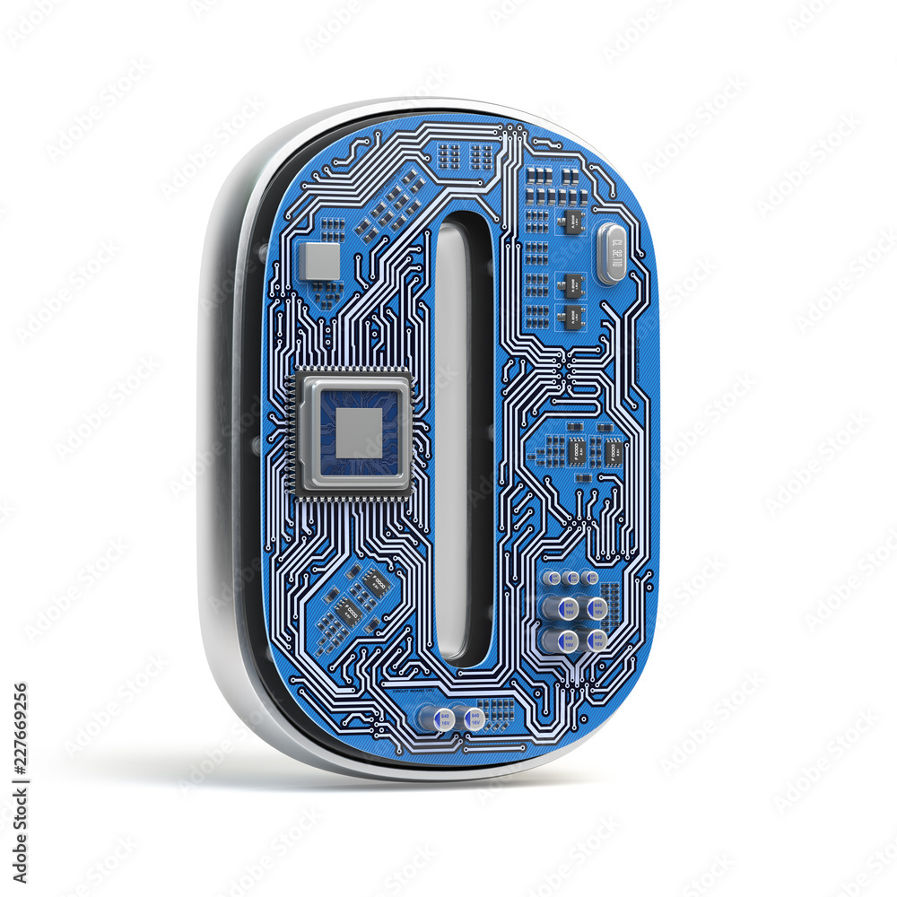 Poster number 0 zero, alphabet in circuit board style. digital hi-tech letter isolated on white.
