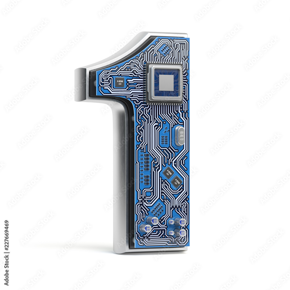 Poster number 1 one, alphabet in circuit board style. digital hi-tech letter isolated on white.