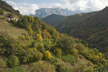Fototapeta na wymiar Autumn landscape, natural park Ubiñas table, Hermitage, Mountain, Asturias, Spain