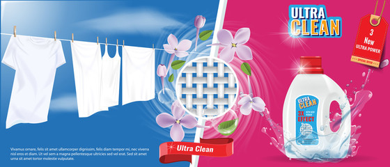 Laundry detergent advertisement template with water splash effect, white clothes and nice flowers. Vector Illustration.