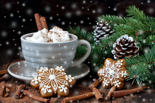 Christmas gingerbread cookies  with hot chocolate and marshmallows