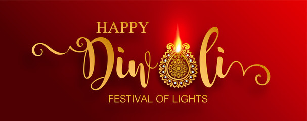 Happy Diwali festival card with gold diya patterned and crystals on paper color Background.