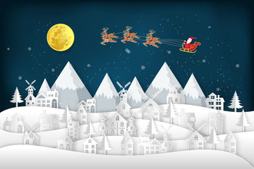 Naklejka premium Paper art of Santa Claus on Sleigh and Reindeers in the snow village in the winter background as holiday and x'mas day concept. vector illustration.