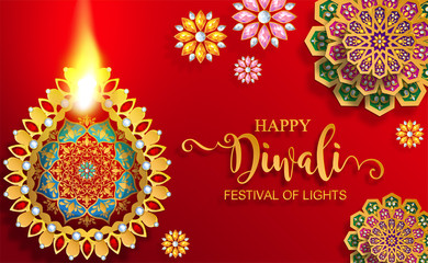 Happy Diwali festival card with gold diya patterned and crystals on paper color Background.