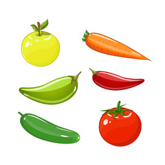 set of vegetables set of tomatoes, carrots, cucumbers, apples and peppers.
