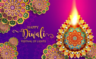 Happy Diwali festival card with gold diya patterned and crystals on paper color Background.