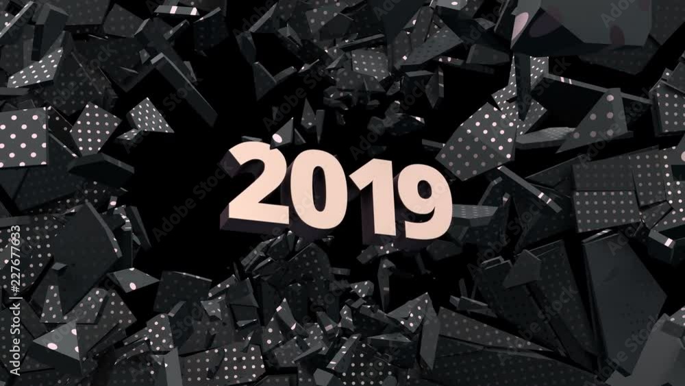 Poster modern animated cgi background with new year 2019 breaking the wall. abstract 3d rendering of cracke