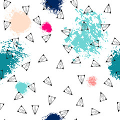 Triangles and abstract color spots. Seamless pattern. Geometric background for covers, textile. Doodles