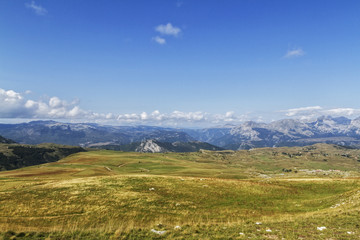 Beautiful landscape in Montenegro with fresh grass and beautiful peaks. Durmitor National Park in Montenegro part of Dinaric Alps. 