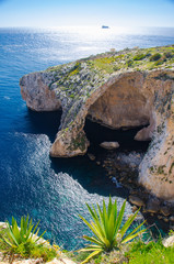 Blue grotto arch on Malta island coast, agave plant and Filfla island of Mediterranean sea on horizon background
