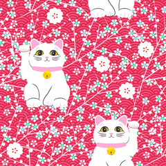 Maneki-neko cat. Seamless pattern with sitting hand drawn lucky cats. Japanese culture. Doodle drawing. Vector illustration - swatch inside