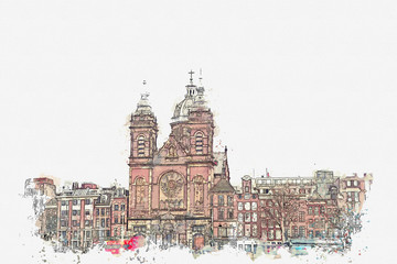 Fototapeta premium illustration or watercolor sketch. Traditional old architecture in Amsterdam. European architecture. Residential buildings and the Cathedral.