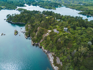 Obraz premium Aerial view from Glengarriff Bay to Garinish Island and Martello tower, County Cork,Ireland.