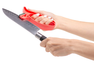 Knife sharpener knife in hands on a white background