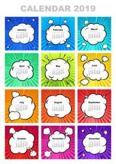 Calendar for 2019 year. Boom comic book explosion, speech bubble vector illustration. Week starts on sunday.