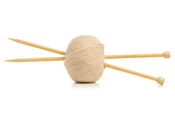 Knitting yarn needles isolated on white background
