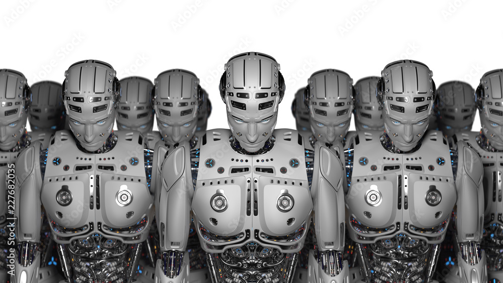 Poster 3d render futuristic robot army or group of cyborgs on white background