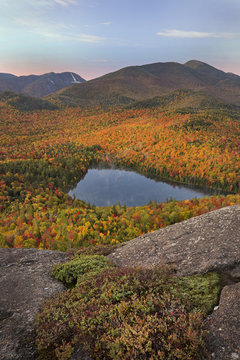 Calm and peaceful morning high above Heart Lake in the Adirondacks