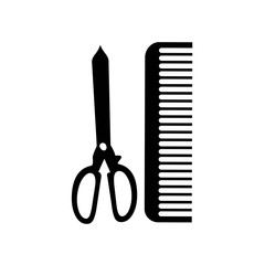 black scissor and comb bursh icons for hairstyle, hair cutting, also tailor and barbershop background