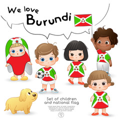 Fototapeta na wymiar Burundi : Boys and girls holding flag and wearing shirts with national flag print : Vector Illustration