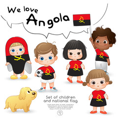 Fototapeta na wymiar Angola : Boys and girls holding flag and wearing shirts with national flag print : Vector Illustration
