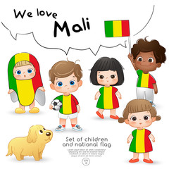 Mali : Boys and girls holding flag and wearing shirts with national flag print : Vector Illustration