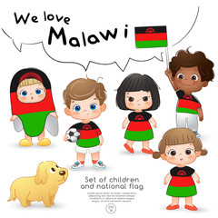 Malawi : Boys and girls holding flag and wearing shirts with national flag print : Vector Illustration