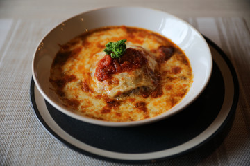 Homemade Beef Meat lasagna on dish in restaurant , Italian food