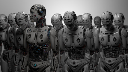 Obraz na płótnie Canvas 3D Render Futuristic Robot army or group of cyborgs on gray background