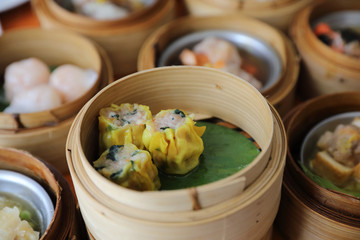 Dim sum on wood basket , Chinese food