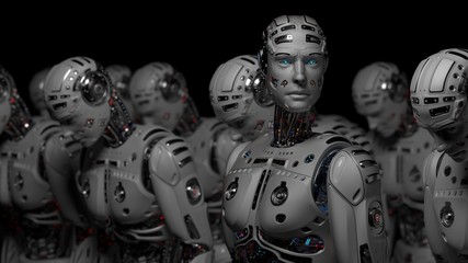 3D Render Futuristic Robot army or group of cyborgs on black background