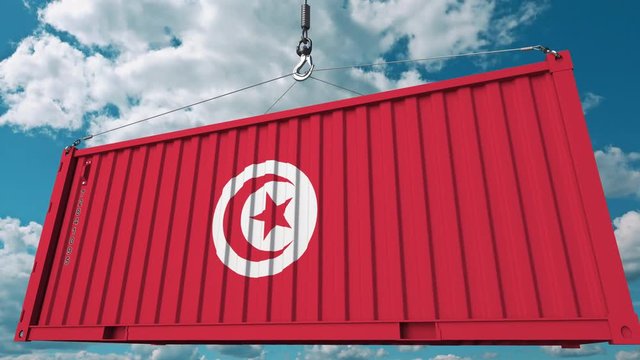 Loading container with flag of Tunisia. Tunisian import or export related conceptual 3D animation