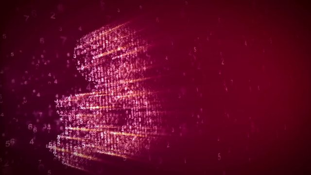 A splendid 3d rendering of the sparkling ampersand logogram from small digits spinning with a matrix effect in the blue background. Sparkling petite spots are rotating around in seamless loops.