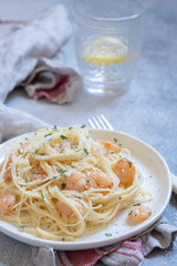 spaghetti with shrimps and creamy sauce