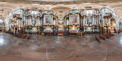 full seamless spherical panorama 360 by 180 degrees angle view interior baroque catholic church of all saints in equirectangular projection, ready AR VR content