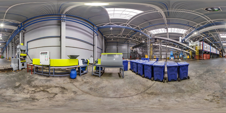full seamless panorama 360 angle view in interior of modern waste recycling processing plant in equirectangular projection ready for ar vr content. Recycling and storage of waste for further disposal.