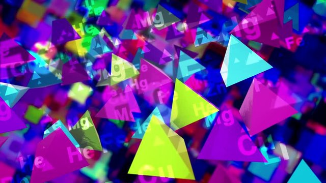 A striking 3d rendering of sparkling multicolored pyramids with the signs of chemical elements flying up and down in the black background. They generate the mood of fest and optimism in seamless loop.