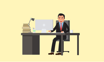 office desk with businessman working flat vector illustration