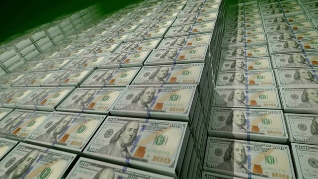 A stunning 3d rendering of 100 dollar banknotes put in packs in a large bank depository. On the observe of the banknotes there are pictures of Scientist Father Benjamin Franklin, in seamless loops.