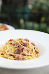 Spaghetti carbonara , Spaghetti white sauce with cheese bacon in outdoor restaurant italian food