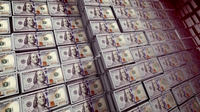 A wonderful 3d rendering of 100 dollar bills put in bundles in a large safe depository. On the observe of the banknotes there are images of Founding Father Benjamin Franklin, in seamless loops.