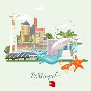 Portugal travel vector postcard in modern flat style with Lisbon buildings and portuguese souvenirs
