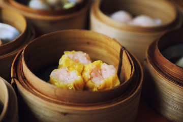 Dim sum on wood basket , Chinese food