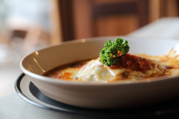 Homemade Beef Meat lasagna on dish in restaurant , Italian food