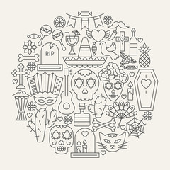 Dia De Los Muertos Line Icons Circle