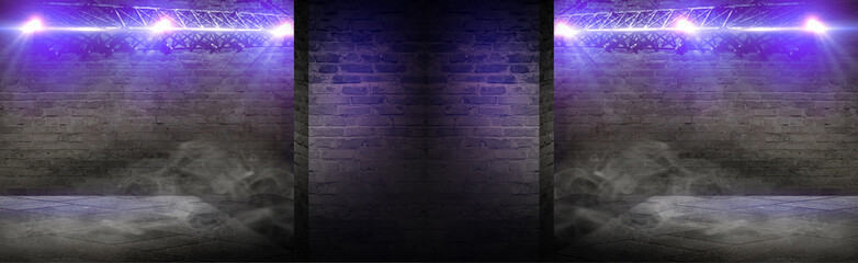 Empty brick wall background with neon lights, spotlights.