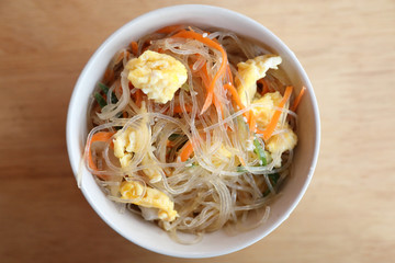 Vermicelli salad japanese style on wood background